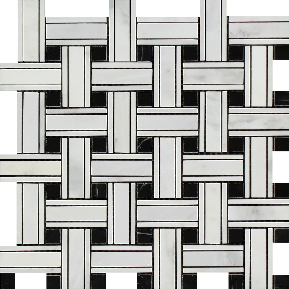 Oriental White Honed Marble Tripleweave Mosaic Tile (w/ Black) Sample - Tilephile