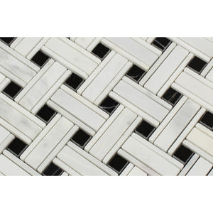 Oriental White Honed Marble Tripleweave Mosaic Tile (w/ Black) - Tilephile