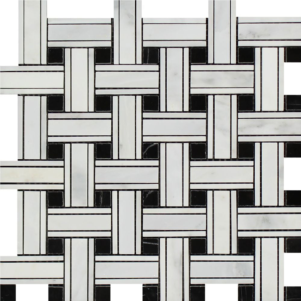 Oriental White Honed Marble Tripleweave Mosaic Tile (w/ Black) - Tilephile