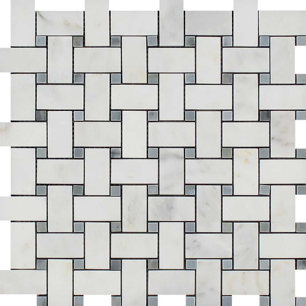Oriental White Polished Marble Basketweave Mosaic Tile w/ Blue-Gray Dots - Tilephile
