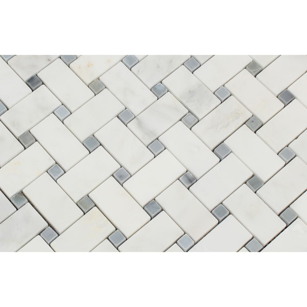 Oriental White Polished Marble Basketweave Mosaic Tile w/ Blue-Gray Dots - Tilephile