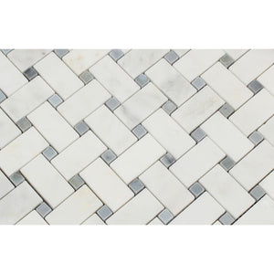 Oriental White Polished Marble Basketweave Mosaic Tile w/ Blue-Gray Dots - Tilephile