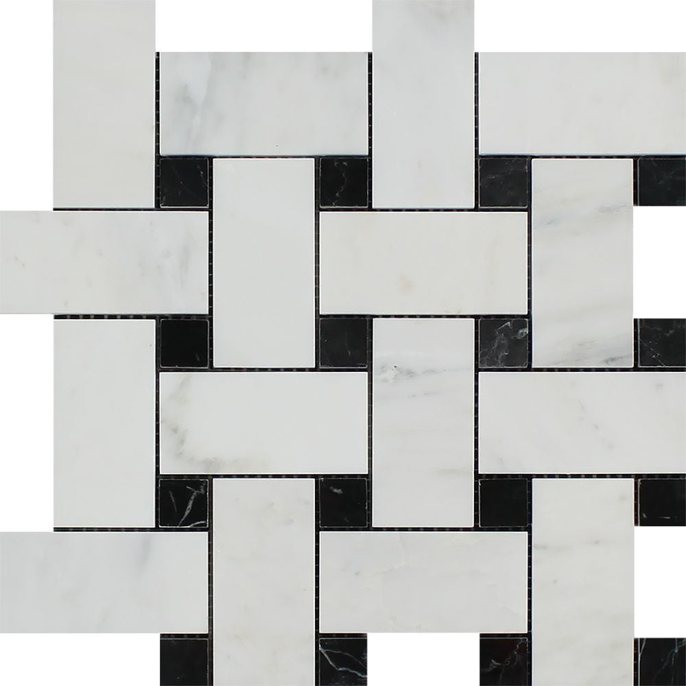 Oriental White Polished Marble Large Basketweave Mosaic Tile w/ Black Dots - Tilephile