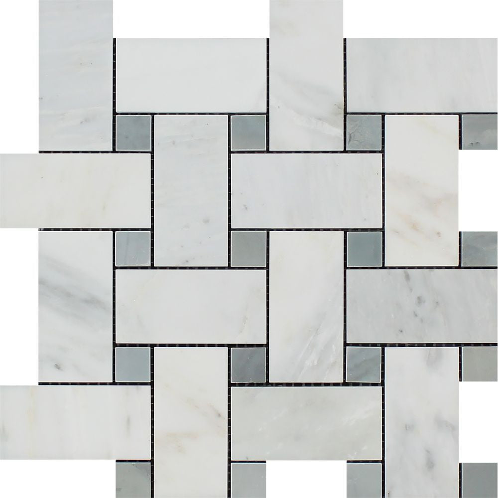 Oriental White Polished Marble Large Basketweave Mosaic Tile w/ Blue-Gray Dots - Tilephile