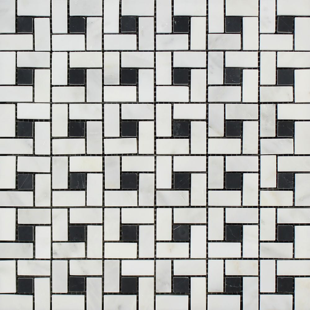 Oriental White Polished Marble Mini Pinwheel Mosaic Tile w/ Black Dots Sample - Tilephile