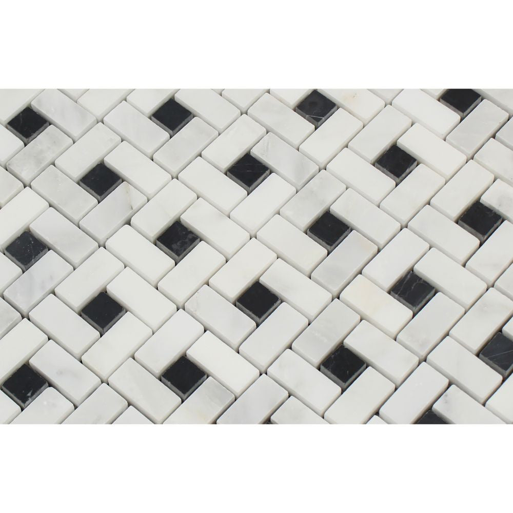 Oriental White Polished Marble Mini Pinwheel Mosaic Tile w/ Black Dots - Tilephile