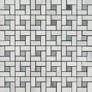 Oriental White Polished Marble Mini Pinwheel Mosaic Tile w/ Blue-Gray Dots - Tilephile