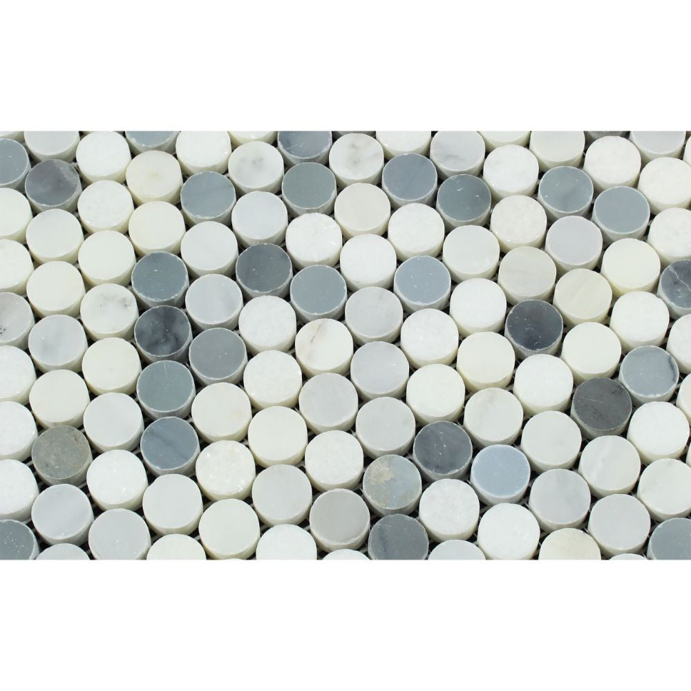 Oriental White Polished Marble Penny Round Mosaic Tile (Oriental White + Thassos + Blue) - Tilephile