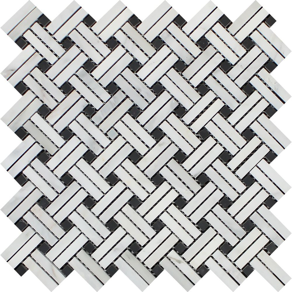 Oriental White Polished Marble Stanza Mosaic Tile w/ Black Dots - Tilephile