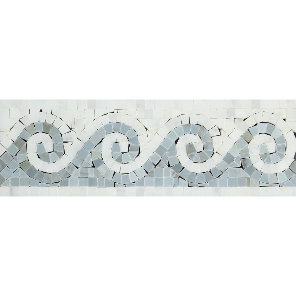 Oriental White Polished Marble Wave Border w/ Blue-Gray Dots Sample - Tilephile