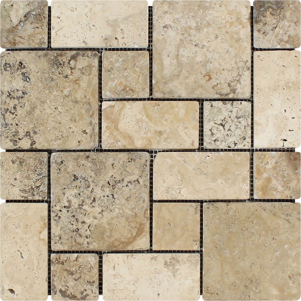Philadelphia Tumbled Travertine Mini Pattern Mosaic Tile (Non-Interlocking) - Tilephile