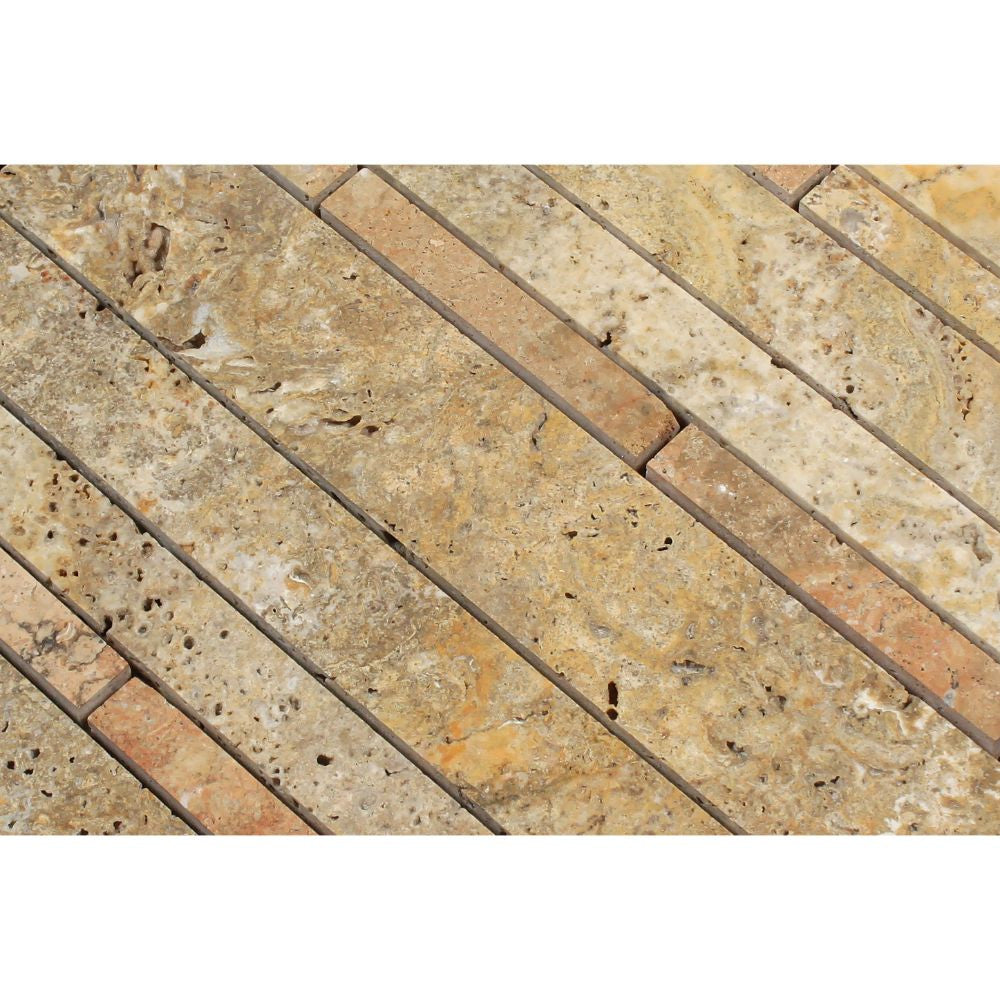 Scabos Honed Travertine Random Strip Mosaic Tile - Tilephile