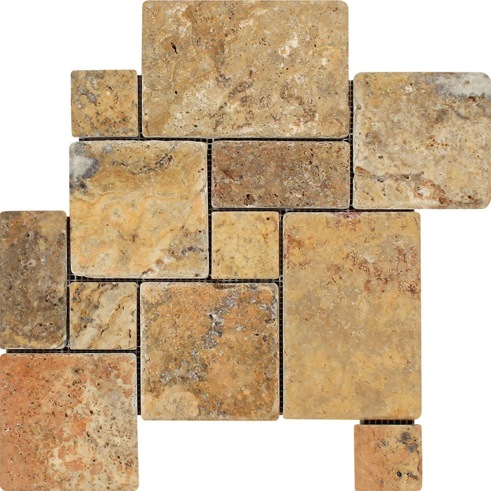 Scabos Tumbled Travertine OPUS Mini Pattern Mosaic Tile (Interlocking) Sample - Tilephile