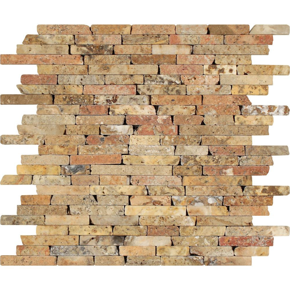 Scabos Tumbled Travertine Random Strip Mosaic Tile - Tilephile