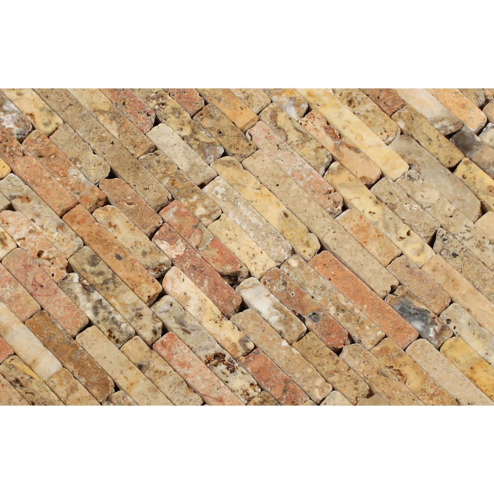 Scabos Tumbled Travertine Random Strip Mosaic Tile - Tilephile