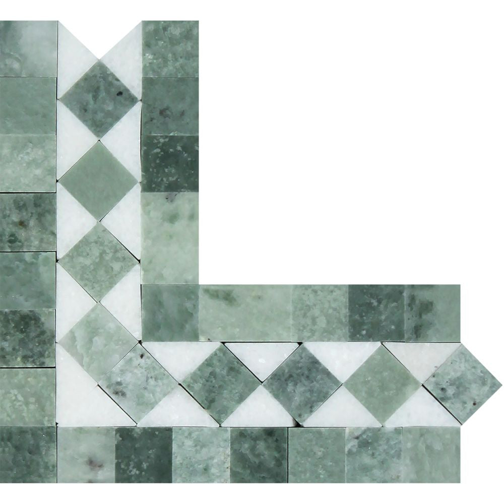 Thassos White Honed Marble BIAS Corner w/ Ming Green Dots Sample - Tilephile