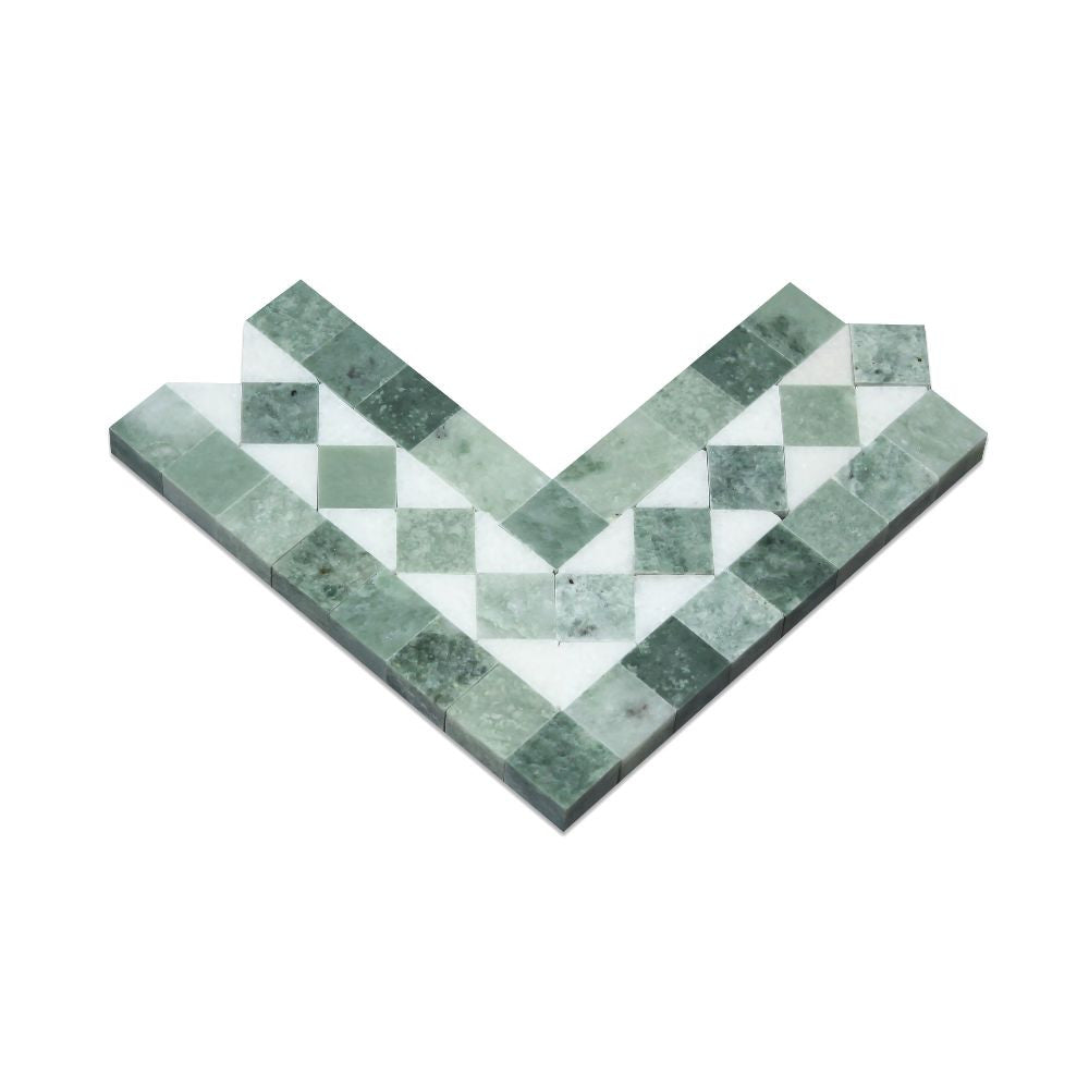 Thassos White Honed Marble BIAS Corner w/ Ming Green Dots - Tilephile