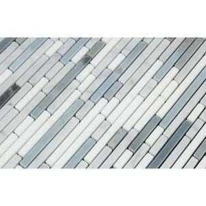 Thassos White Honed Marble Bamboo Sticks  Mosaic Tile (Thassos + Carrara + Blue-Gray) - Tilephile