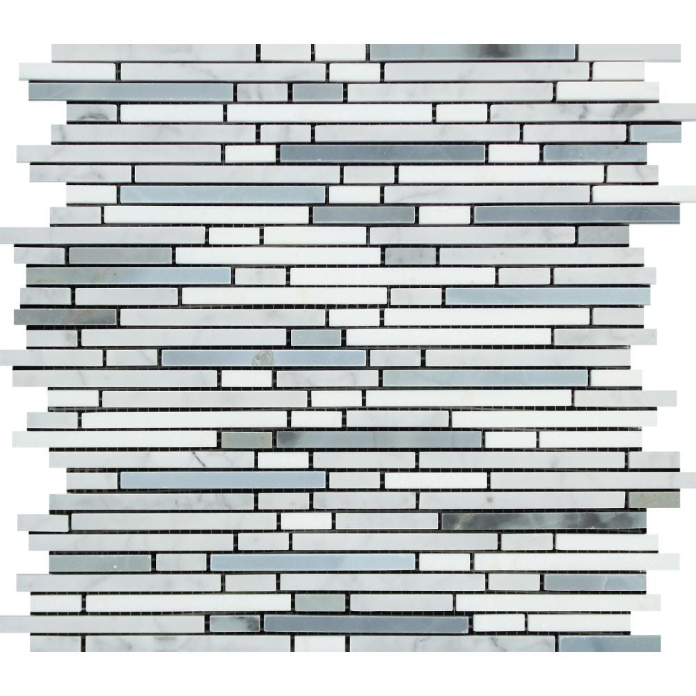Thassos White Honed Marble Bamboo Sticks  Mosaic Tile (Thassos + Carrara + Blue-Gray) - Tilephile