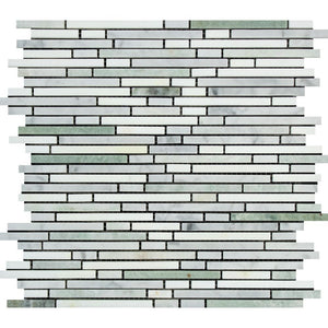 Thassos White Honed Marble Bamboo Sticks  Mosaic Tile (Thassos + Carrara + Ming Green) - Tilephile
