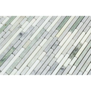 Thassos White Honed Marble Bamboo Sticks  Mosaic Tile (Thassos + Carrara + Ming Green) - Tilephile