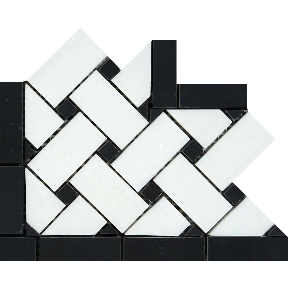 Thassos White Honed Marble Basketweave Corner w/ Black Dots - Tilephile