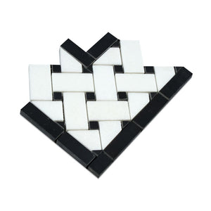 Thassos White Honed Marble Basketweave Corner w/ Black Dots - Tilephile