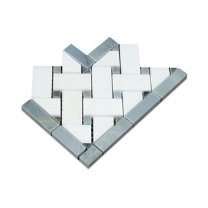 Thassos White Honed Marble Basketweave Corner w/ Blue-Gray Dots - Tilephile