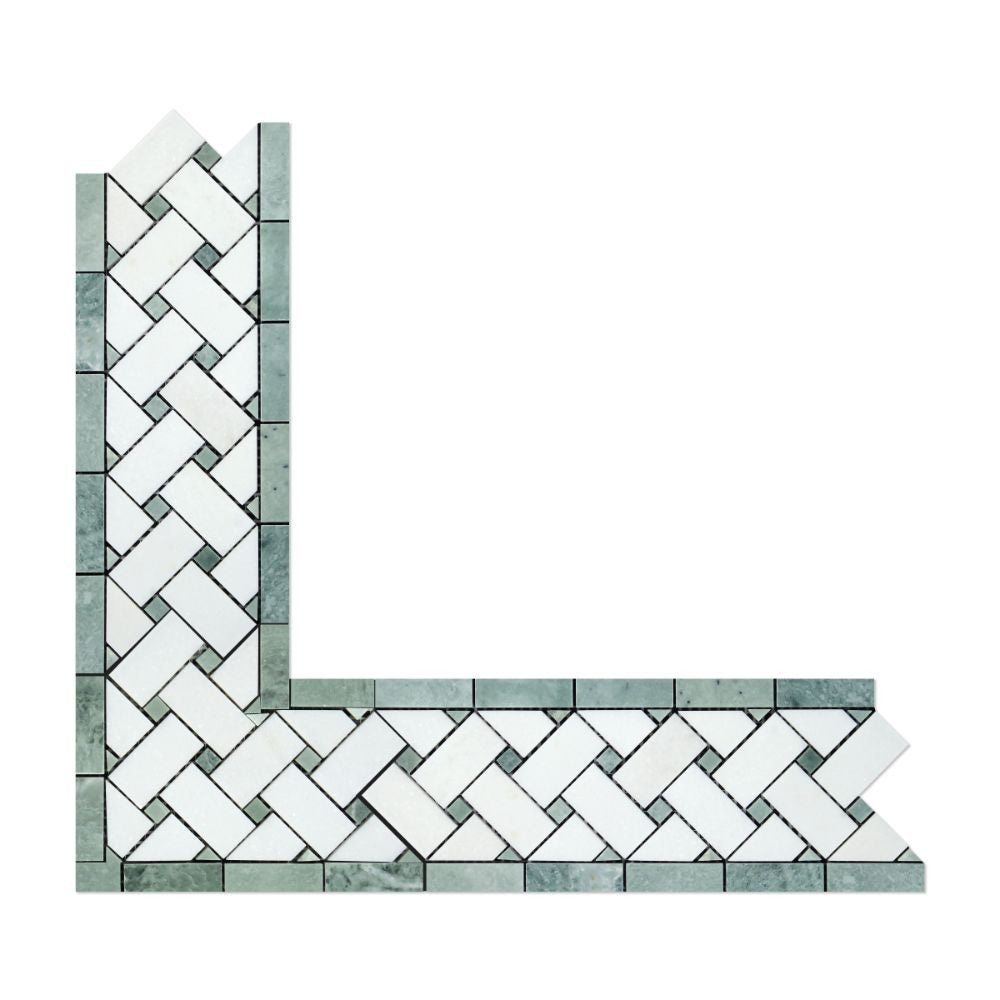 Thassos White Honed Marble Basketweave Corner w/ Ming Green Dots - Tilephile