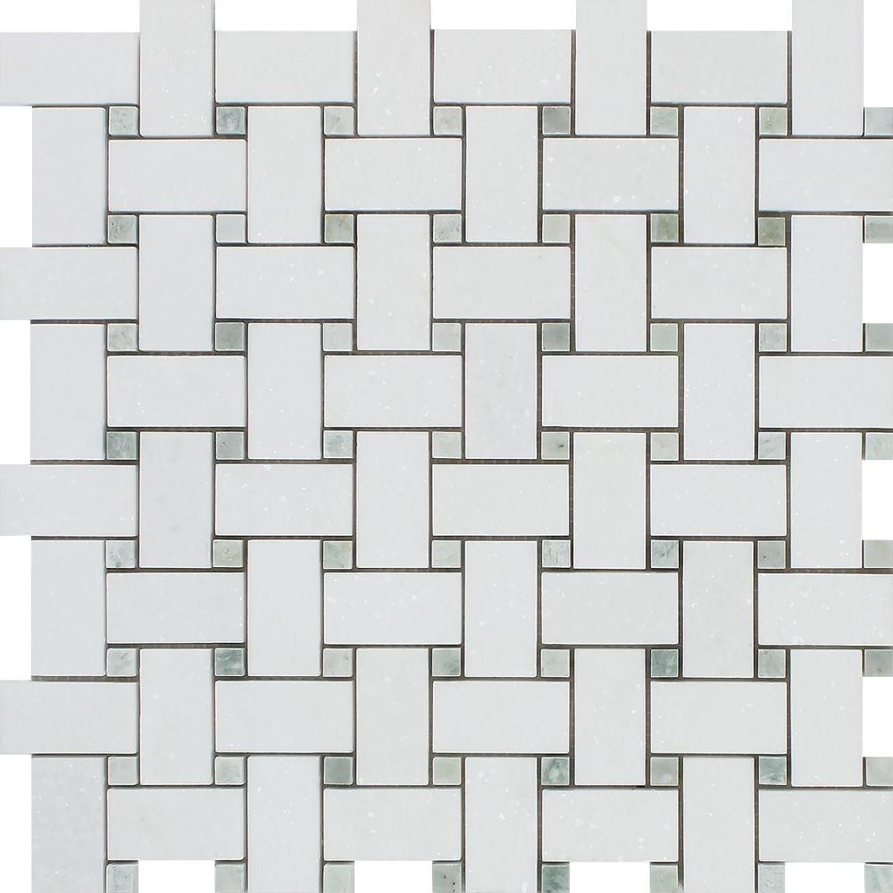 Thassos White Honed Marble Basketweave Mosaic Tile w/ Ming Green Dots Sample - Tilephile