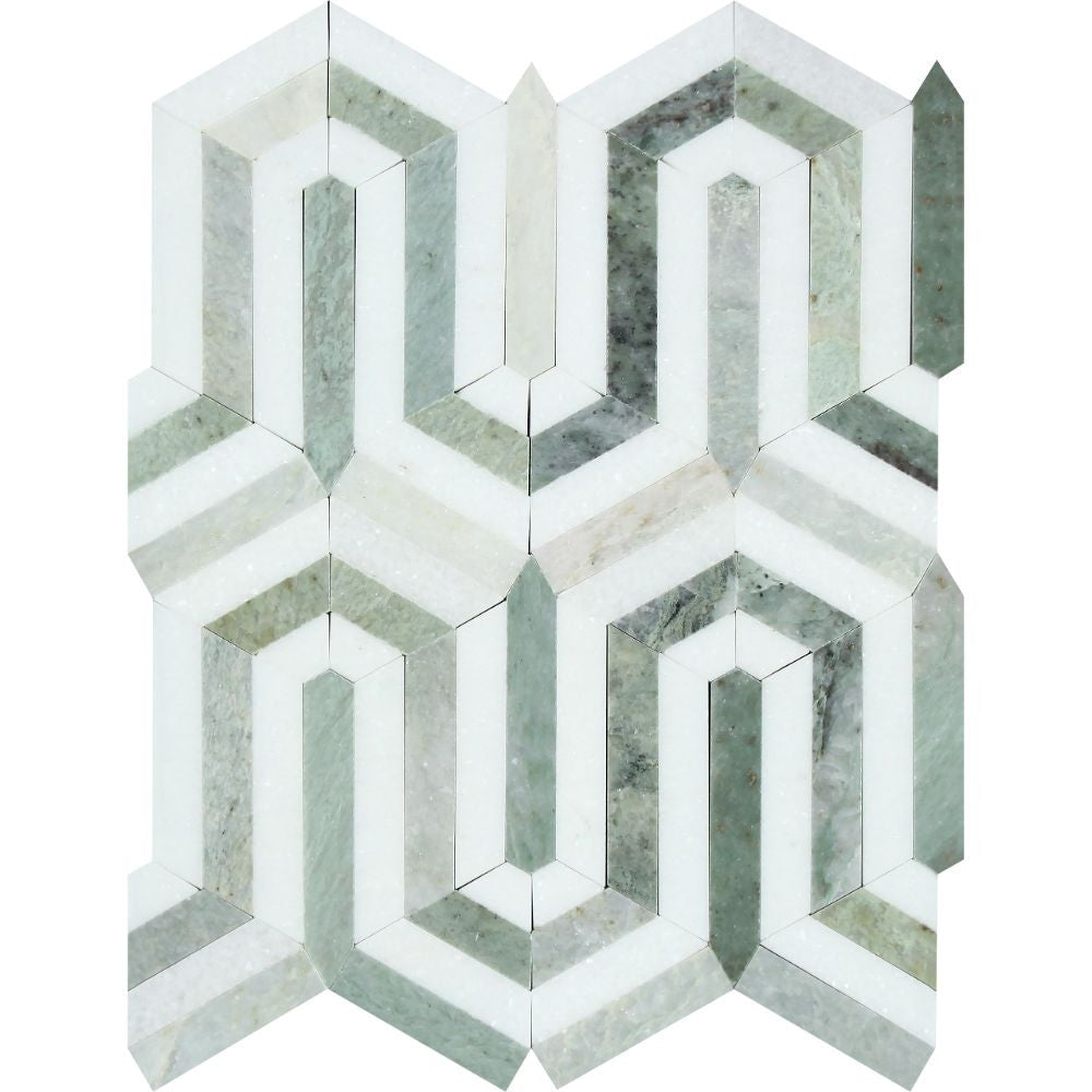 Thassos White Honed Marble Berlinetta Mosaic Tile (Thassos w/ Ming Green) - Tilephile