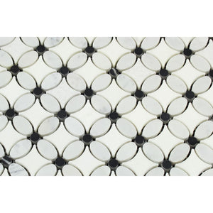 Thassos White Honed Marble Florida Flower Mosaic Tile (Carrara + Thassos (Oval) + Black (Dots)) - Tilephile