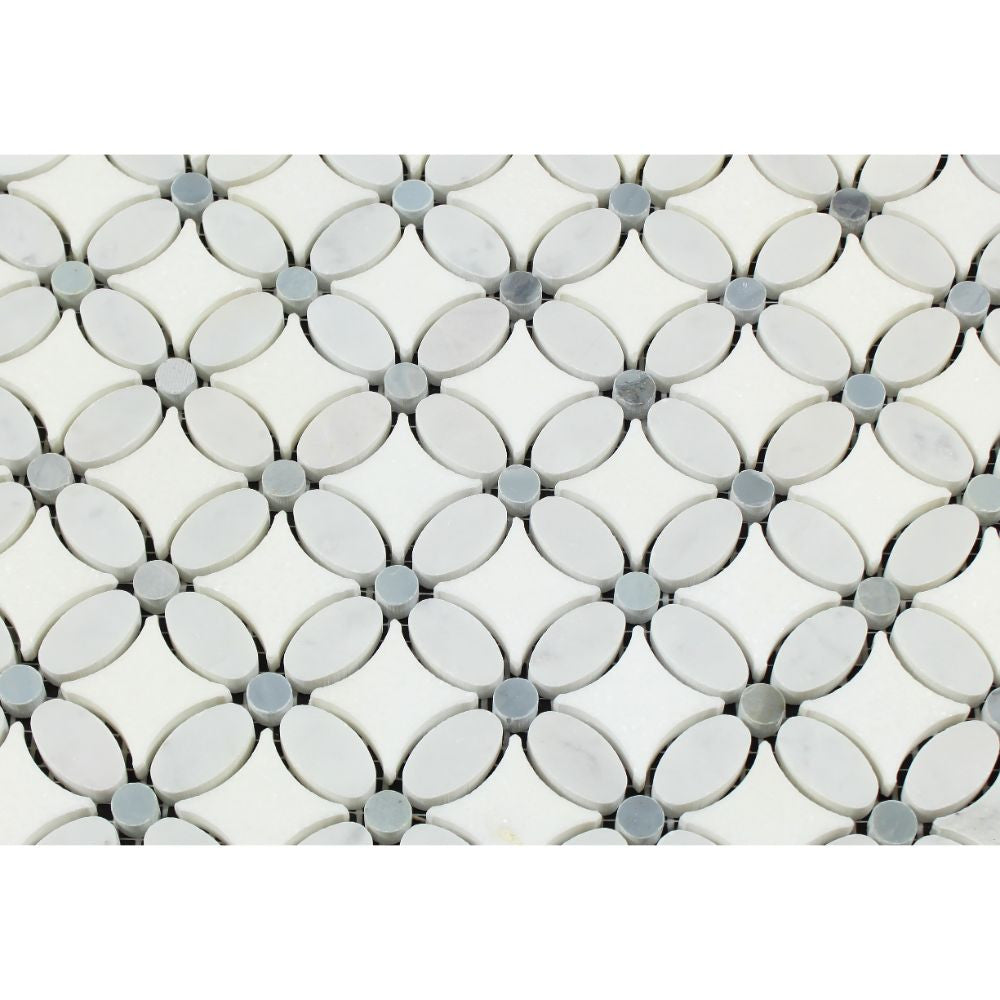 Thassos White Honed Marble Florida Flower Mosaic Tile (Carrara + Thassos (Oval) + Blue-Gray (Dots)) - Tilephile