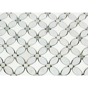 Thassos White Honed Marble Florida Flower Mosaic Tile (Carrara + Thassos (Oval) + Ming Green (Dots)) - Tilephile