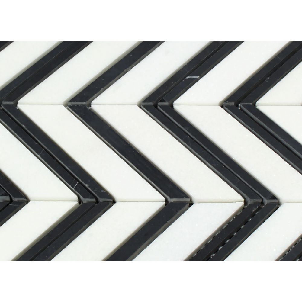 Thassos White Honed Marble Large Chevron Mosaic Tile (Thassos + Black (Thin Strips)) - Tilephile