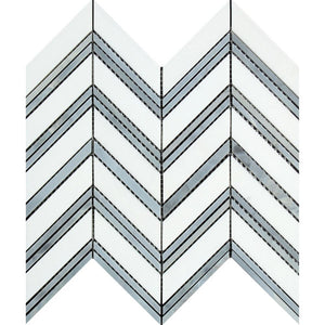 Thassos White Honed Marble Large Chevron Mosaic Tile (Thassos + Blue-Gray (Thin Strips)) - Tilephile