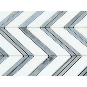 Thassos White Honed Marble Large Chevron Mosaic Tile (Thassos + Blue-Gray (Thin Strips)) - Tilephile