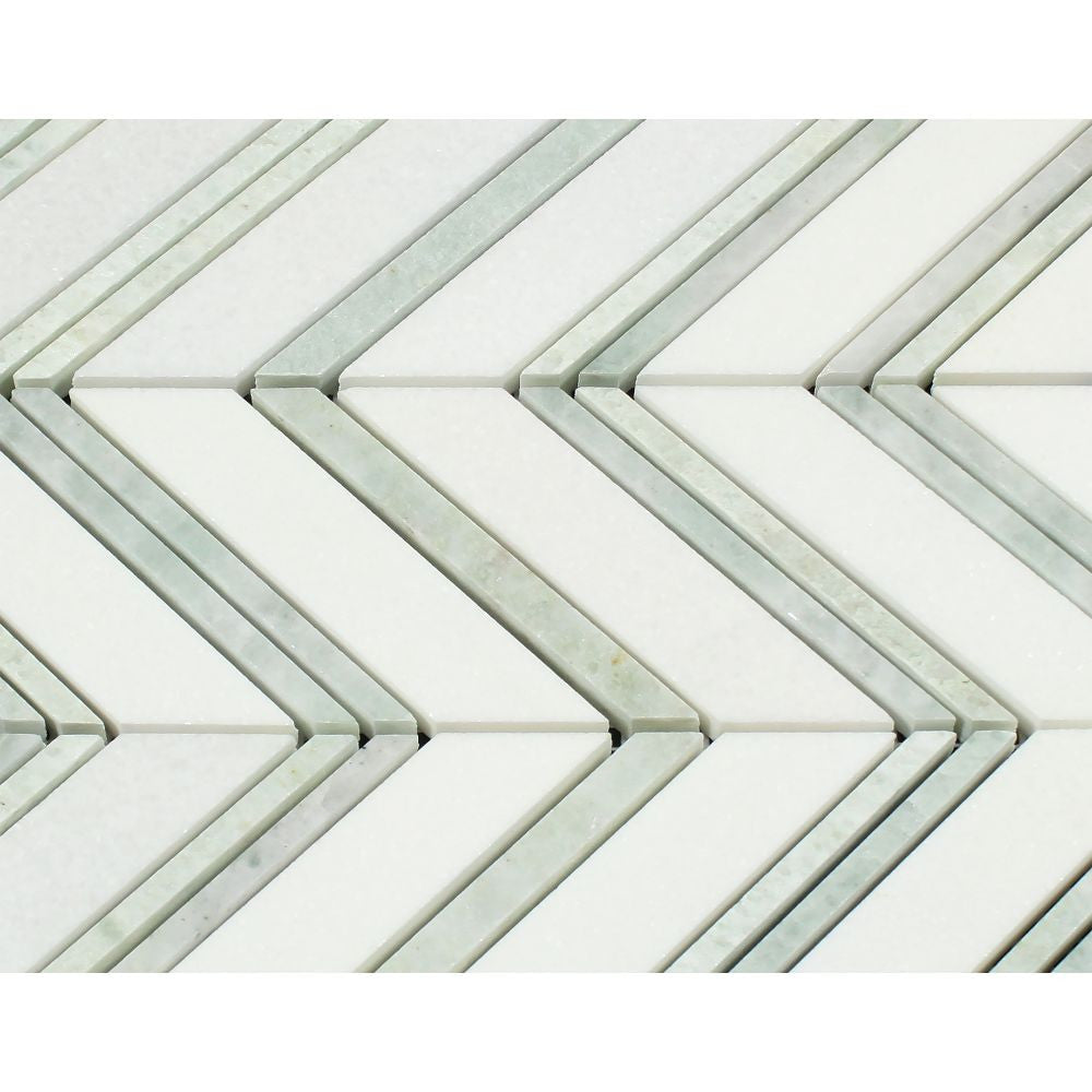 Thassos White Honed Marble Large Chevron Mosaic Tile (Thassos + Ming Green (Thin Strips)) - Tilephile