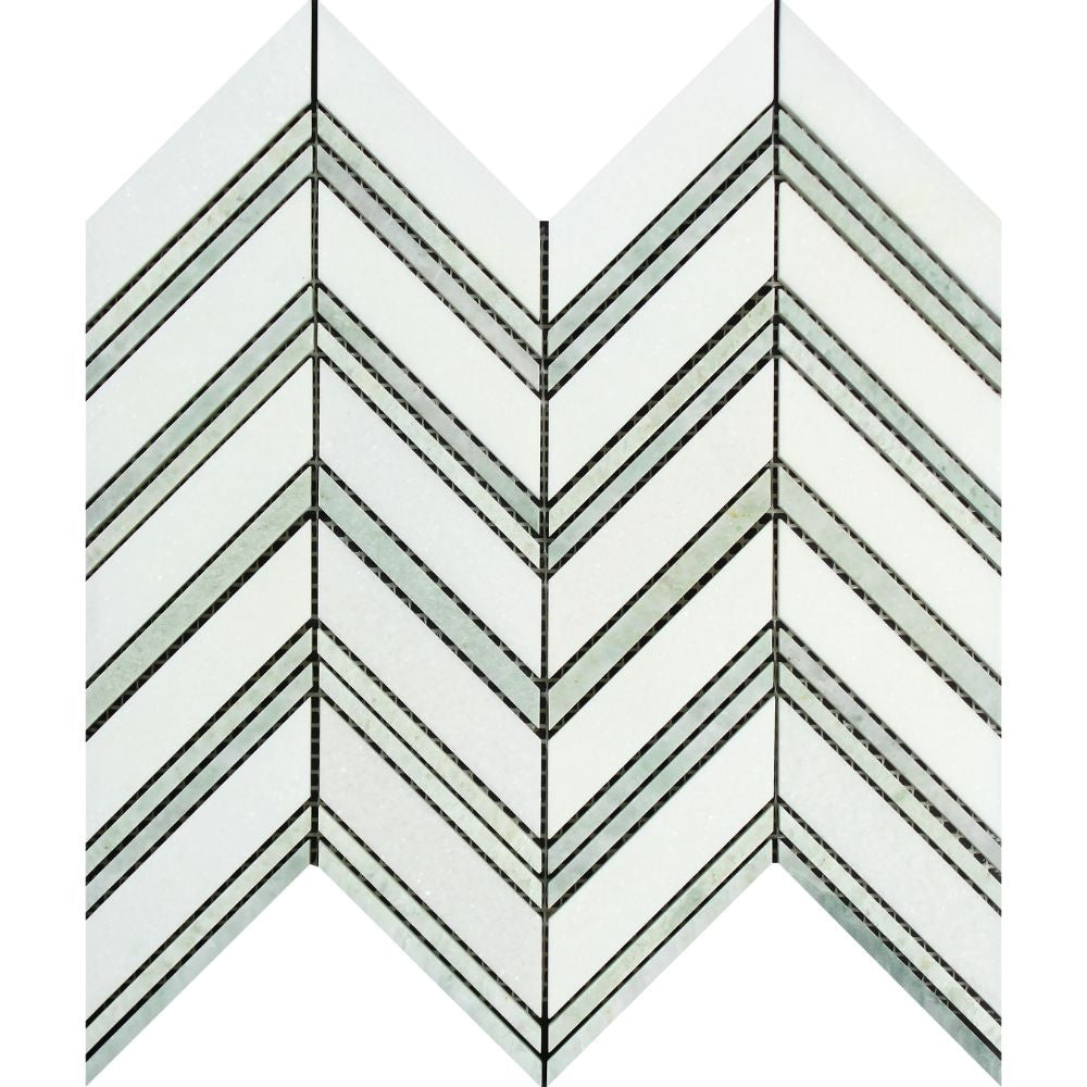 Thassos White Honed Marble Large Chevron Mosaic Tile (Thassos + Ming Green (Thin Strips)) - Tilephile