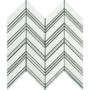 Thassos White Honed Marble Large Chevron Mosaic Tile (Thassos + Ming Green (Thin Strips)) - Tilephile