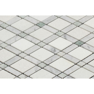 Thassos White Honed Marble Lattice Mosaic Tile (Thassos + Carrara + Ming Green) - Tilephile