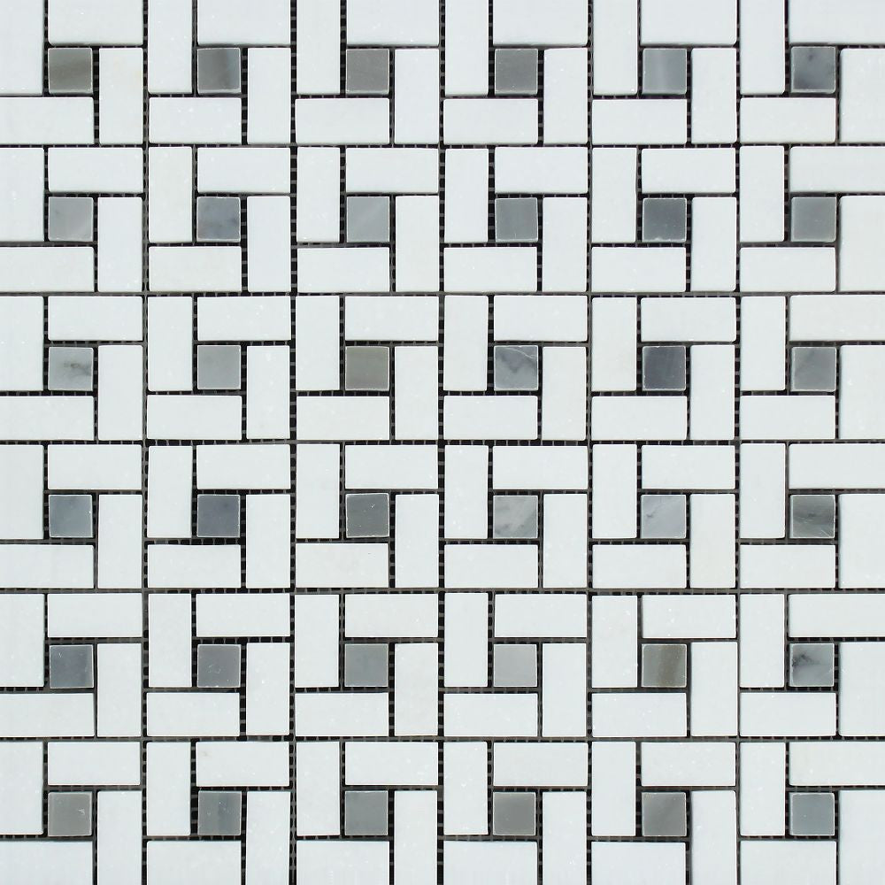 Thassos White Honed Marble Mini Pinwheel Mosaic Tile w/ Blue-Gray Dots Sample - Tilephile