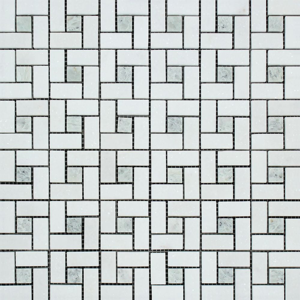 Thassos White Honed Marble Mini Pinwheel Mosaic Tile w/ Ming Green Dots Sample - Tilephile