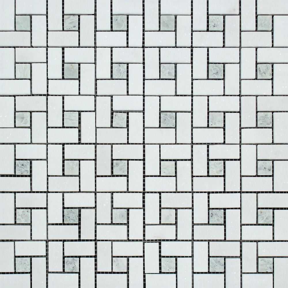 Thassos White Honed Marble Mini Pinwheel Mosaic Tile w/ Ming Green Dots - Tilephile