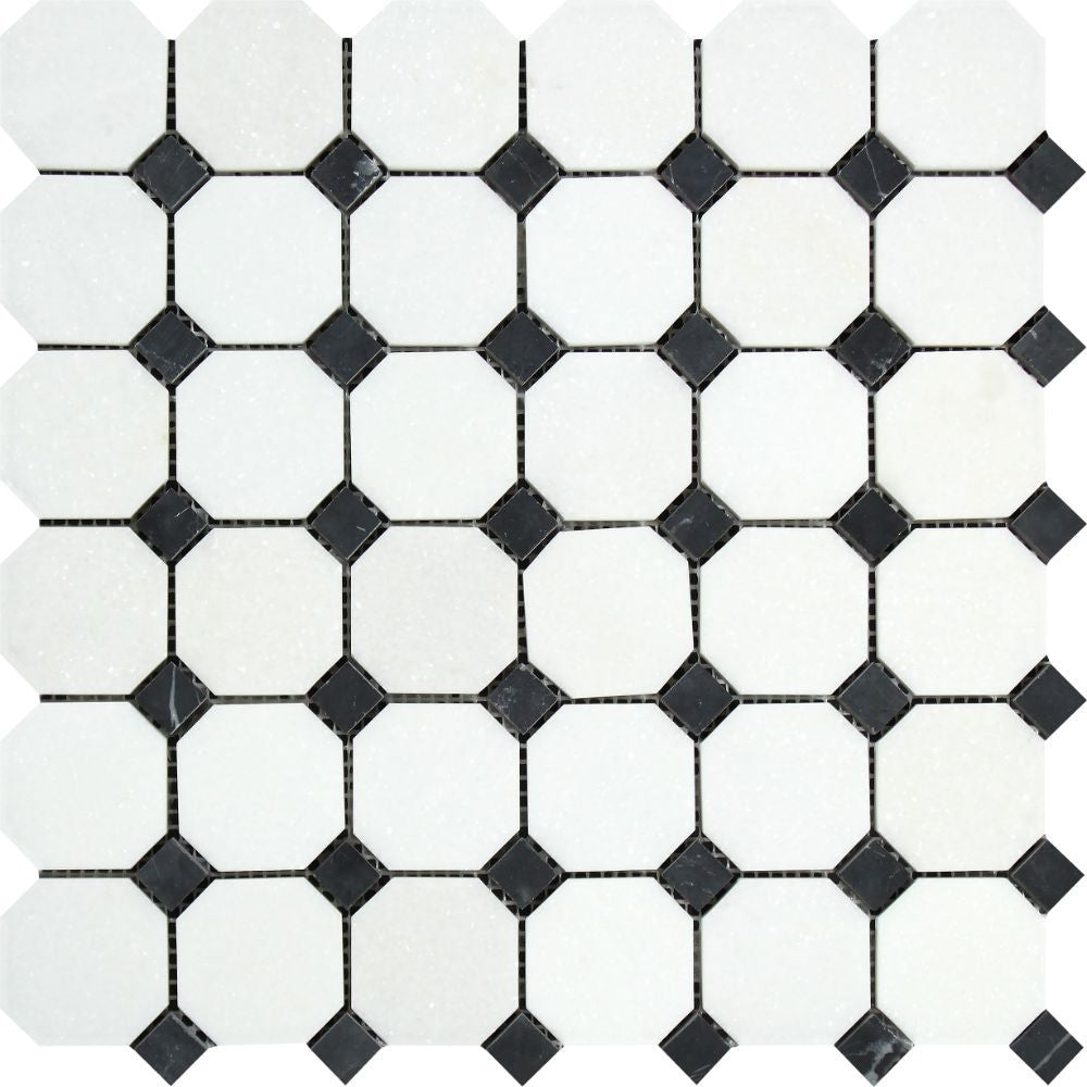 Thassos White Honed Marble Octagon Mosaic Tile w/ Black Dots - Tilephile