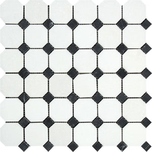Thassos White Honed Marble Octagon Mosaic Tile w/ Black Dots - Tilephile