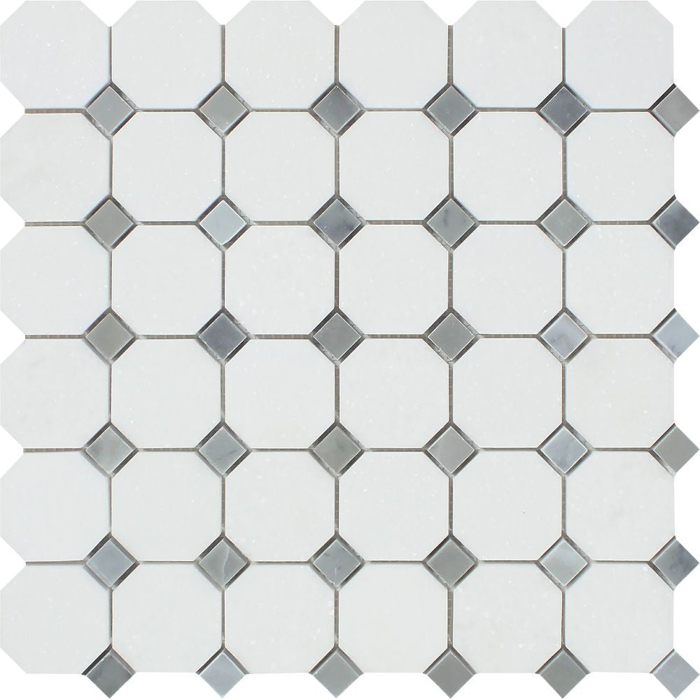Thassos White Honed Marble Octagon Mosaic Tile w/ Blue-Gray Dots Sample - Tilephile
