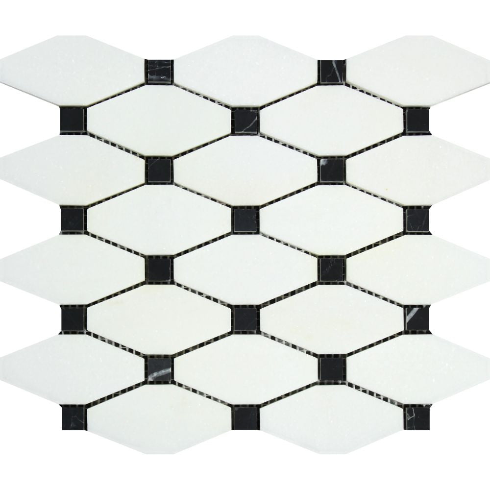 Thassos White Honed Marble Octave Mosaic Tile w/ Black Dots Sample - Tilephile