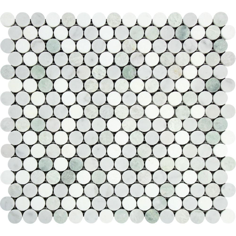 Thassos White Honed Marble Penny Round Mosaic Tile (Carrara + Thassos + Ming Green) - Tilephile