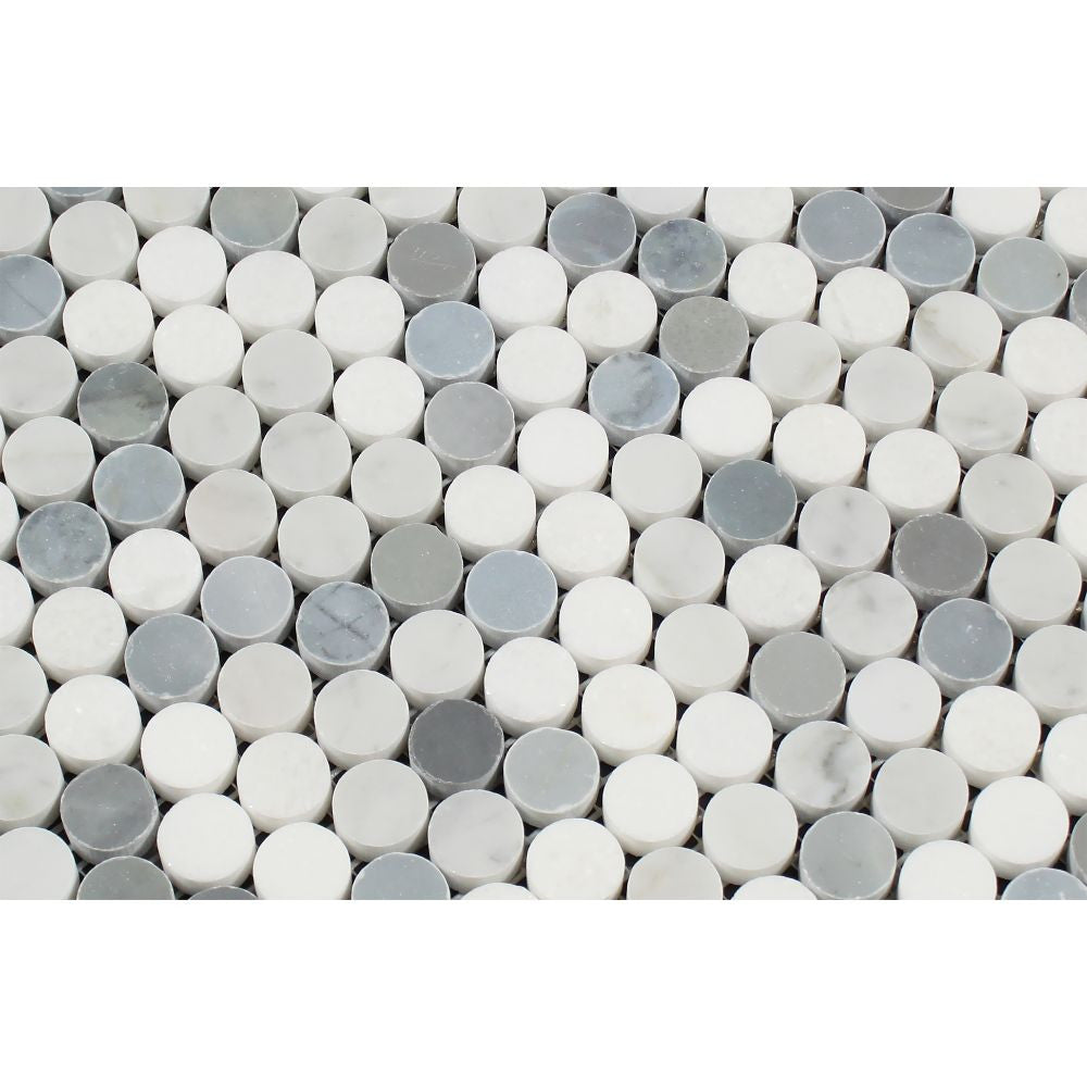 Thassos White Honed Marble Penny Round Mosaic Tile (Carrara + Thassos + Blue-Gray) - Tilephile